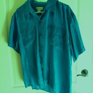 Bogari turquoise silk short sleeve blouse shirt M button down